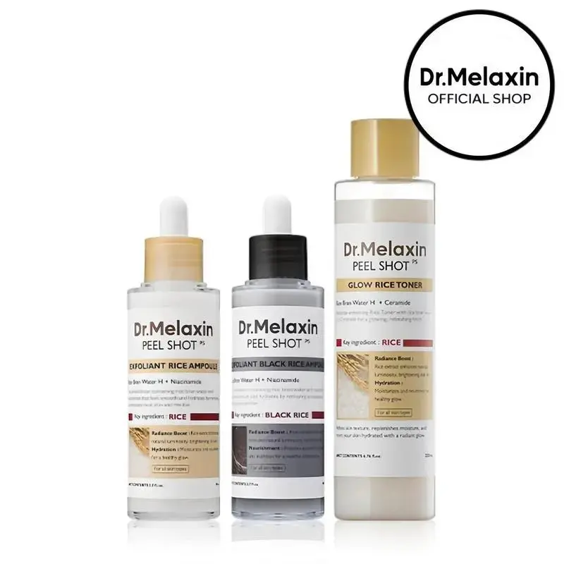 dr. melaxin- Peel Shot Glow Rice Ampoule Duo - Serums for Brightening, Exfoliating, and Moisturizing - Suitable for All Skin Types