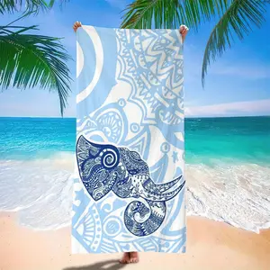 A Bohemian-style elephant pattern digital-printed polyester microfiber beach towel in a blue and white blend is lightweight and highly absorbent, suitable for yoga, travel, and swimming