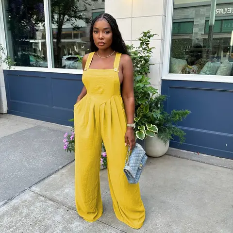 Women's Wide Leg Cami Jumpsuit with Pocket, High Waist, Casual Style, Comfortable Design, Summer Outfits, Black Basic Color - Fitted rompers women