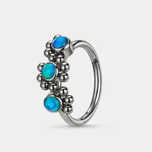 OUFER 20G Triple Blue Opal Nostril Piercing Boho Style Nose Ring, 316L Stainless Steel Hinged Segment Hoop, Nose Piercing Jewelry for Cartilage, Ear Lobe - Dainty, Gemstone, Hoop Piercing Accessories, Dainty Piercing Jewelry
