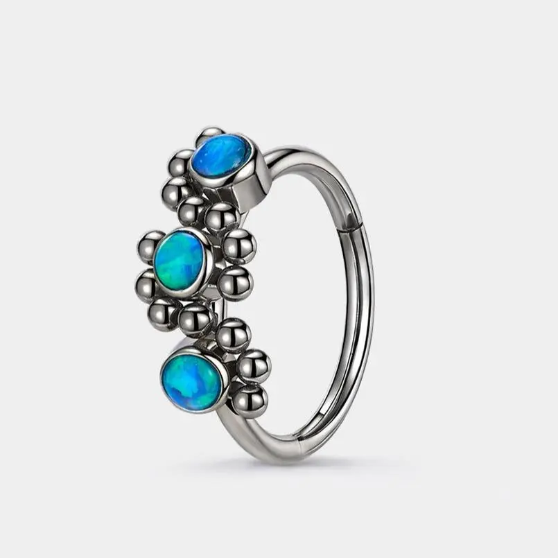 OUFER 20G Triple Blue Opal Nostril Piercing Boho Style Nose Ring, 316L Stainless Steel Hinged Segment Hoop, Nose Piercing Jewelry for Cartilage, Ear Lobe - Dainty, Gemstone, Hoop Piercing Accessories, Dainty Piercing Jewelry