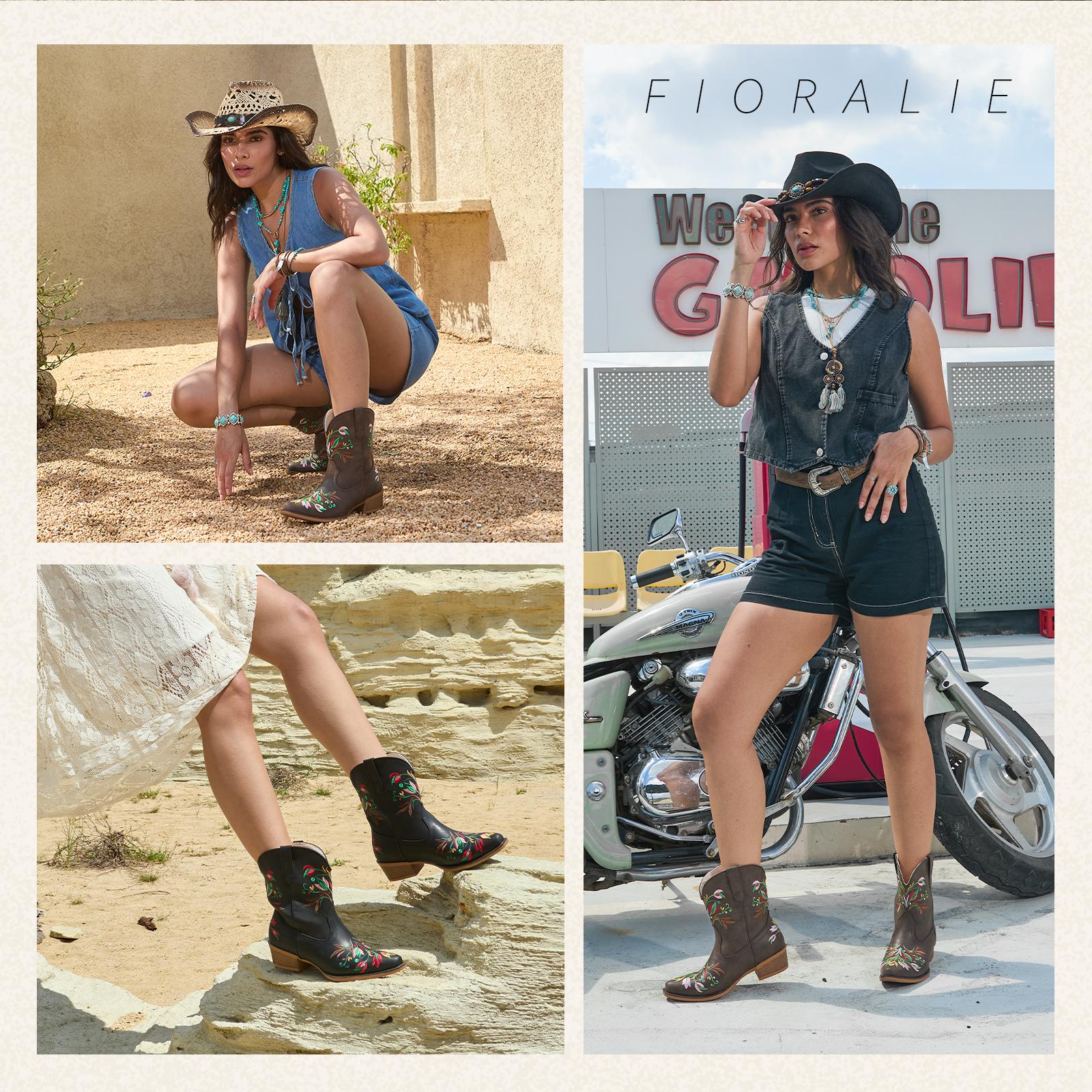 FIORALIE Women's Flower Embroidered Ankle Cowgirl Boots with Almond Pointed Toe Western Cowboy Style Chunky Heel Pull On Short Boots for Comfort and Style