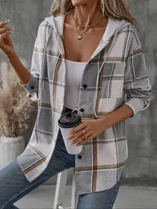 Women's Hooded Jacket Spring & Fall Fashion Plaid Shirt, Casual Long Sleeve Top, Comfortable and Stylish Outerwear, Casual Fashionable Jacket