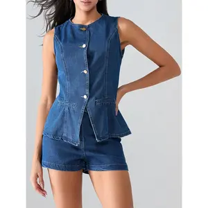 Women's Denim Long Vest Tops Button-up Back Slit Sleeveless Pocket Round Neck Waistcoat