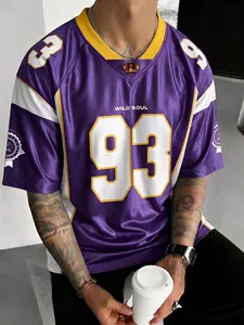 Men’s Vintage 93 WILD SOUL Football Jersey Oversized T-Shirt – 2026 Trending Streetwear, Purple Yellow Color Block, Lightweight Breathable, Loose Fit for Casual & Street Style