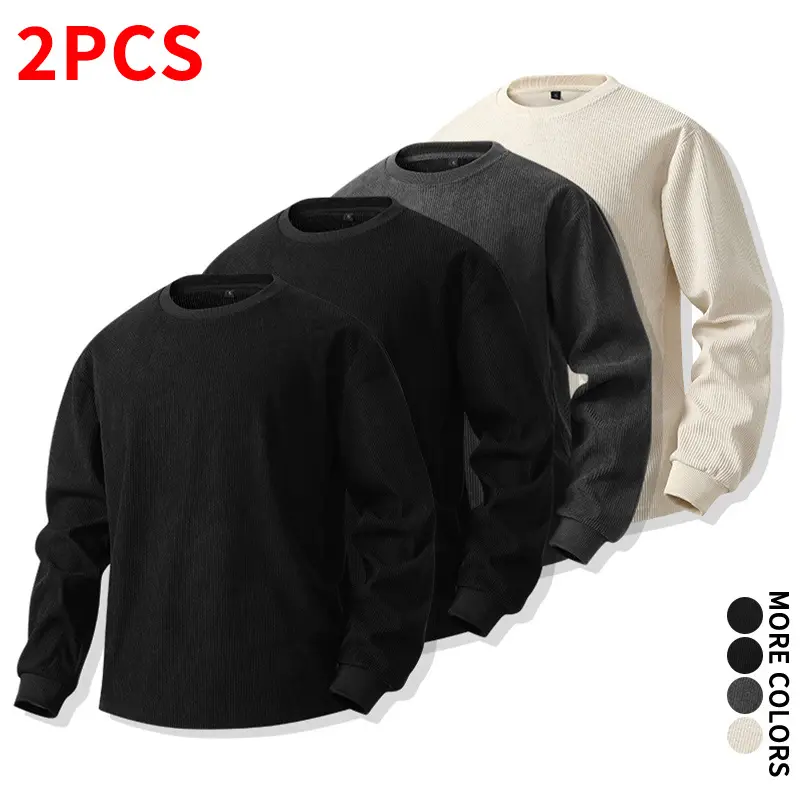 Loose basic crew neck waffle long sleeves, 2-pack solid textured styles — versatile layering tops for fitness and commuting