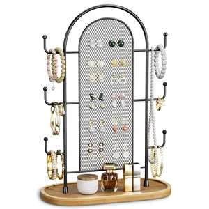 Jewelry Holder Organizer Earring Display - Stands Earring Storage Earring tree Hanger Jewelry Towers Rack with 6 Hooks 300 Stud Holes Wood Tray for Necklaces Bracelets Rings