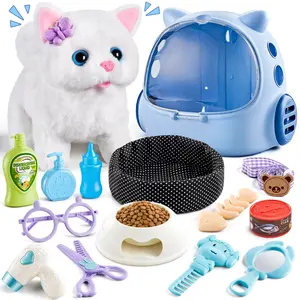 16-Piece Kids Pet Care Grooming Set - Realistic Electronic Walking Plush Kitten, Toy Carrier, Feeding Accessories, Ideal Gift for Children