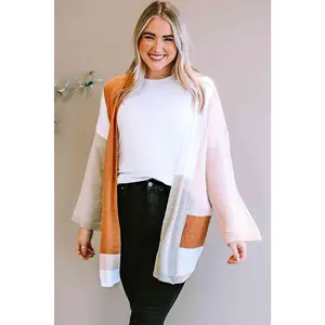 Plus Size Color Block Open Front Longline Cardigan