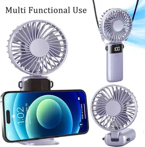 3-in-1 Portable Handheld Fan with LED Display & Phone Holder Base, 5 Speeds USB Rechargeable Mini Desk Fan for Summer Beach Outdoor Travel – Lightweight Foldable Design (Blue/Pink/White)