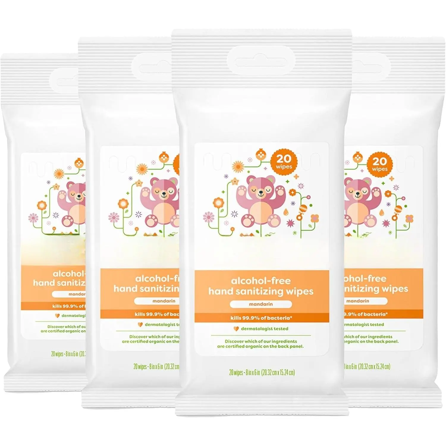 Alcohol-Free Hand Sanitizing Wipes, Mandarin, Kills 99.9% of Common Bacteria, Moisturizing, 80 ct (20 count, 4 pack), Packaging May Vary