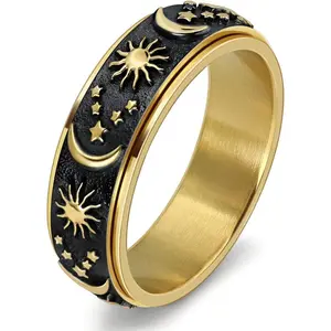 Sun Moon and Star Spinner Fidget Ring for  for Men Women Stainless Steel Rotating Engagement Wedding Band 8MM