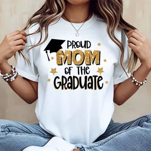Proud Mom Of The Graduate T-Shirt With Graduation Cap And Gold Stars Print For Mother Of Graduate Celebration