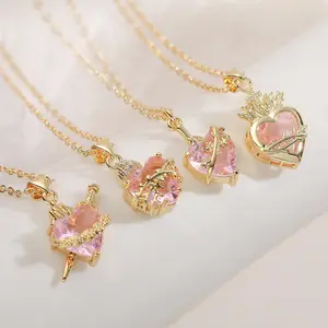 Best-selling gold-plated copper zircon pink heart pendant necklace for women, niche versatile collarbone chain aA10111-XL