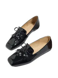 Women's Retro Flat Shoes with Bowknot and Fringe Design, Square Toe Slip-On Loafers, Spring & Fall Fashion Footwear