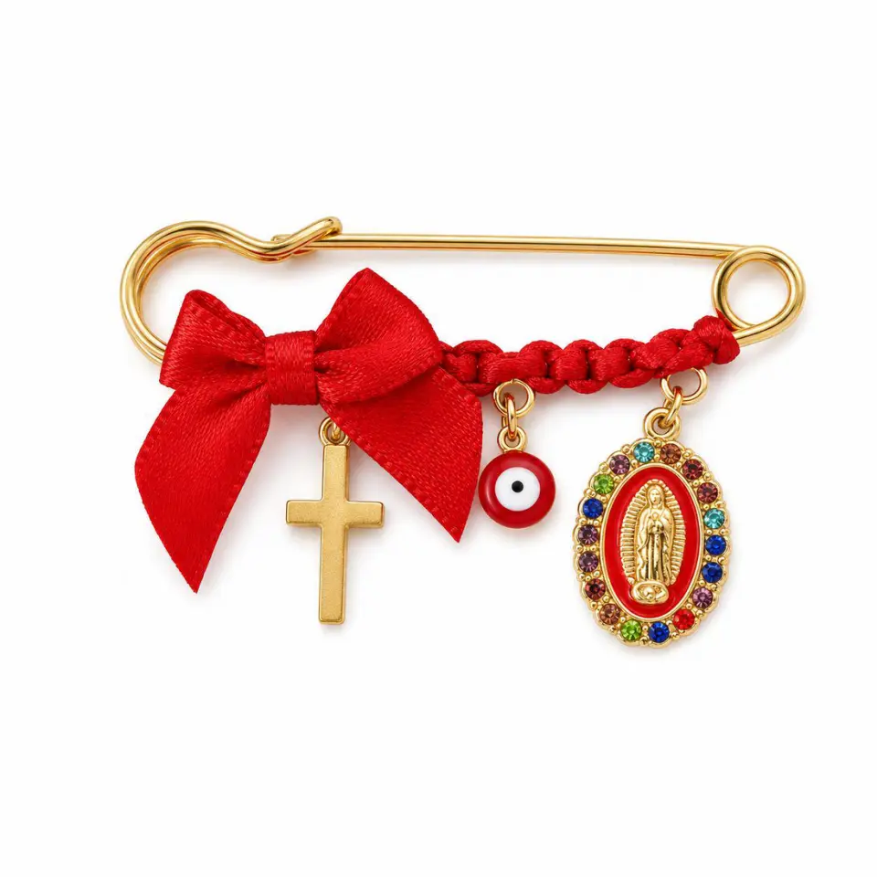 September Laurel  Pregnancy Protection Safety Pin Brooch, Red Lucky Charm Maternity Brooch with Virgin Mary, Cross & Evil Eye Charms, Handmade Blessing Pin for Baby Shower Gift, Pregnancy Keepsake