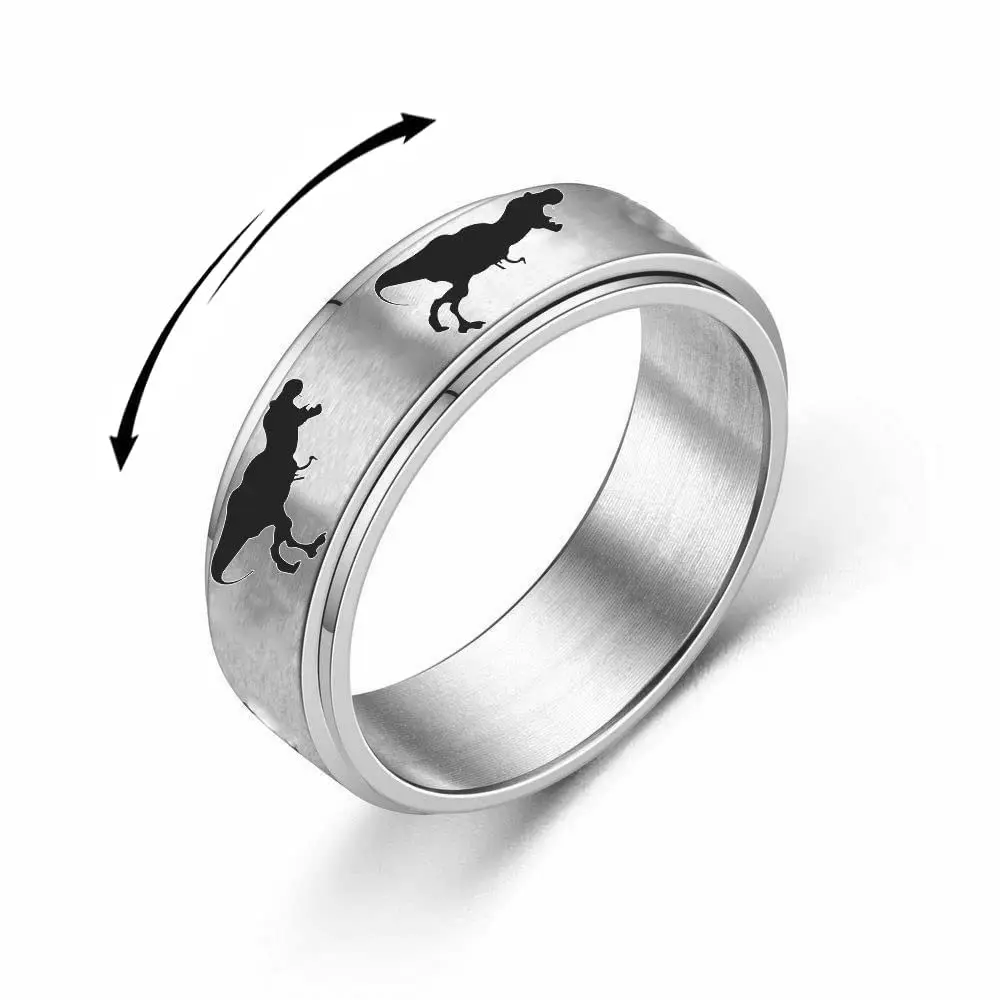 Tyrannosaurus Rex Dinosaur Spinner Rings For Men Women Stainless Steel Ring Relieving Jurassic Dinosaurs Fidget Rotate Freely Finger Band Personalized Gift Father Christmas Birthday
