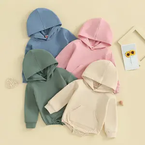 Baby Boy Girl Hoodie Sweatshirt Romper Solid Color Long Sleeve Hooded Front Pocket Oversized Bubble Onesie Bodysuit