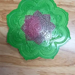 Mandala Resin Coaster - Green with Pink Flower Design, Decorative Tableware