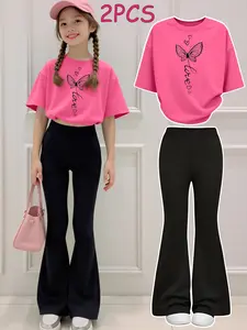 Girls' Fashion 2pc Set, Short Sleeve T-Shirt & Bell Pants, Comfortable Soft Sweat-Wicking Round Neck, Casual All-Season