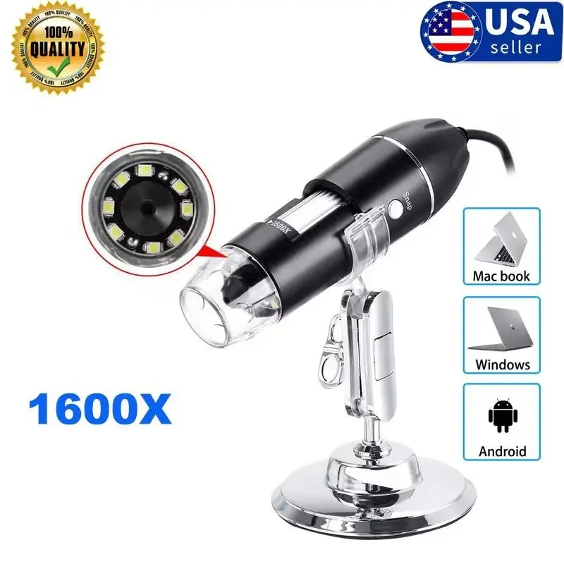 US Version Portable USB Digital Microscope Magnifier Endoscope Camera - 1600x Zoom, 8 LED HD Adjustable Lights, Anti-Slip Durable Grip, HD Video Feed, Learning Tool for Enthusiasts