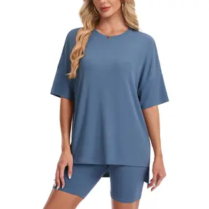 YUCOLEN Women 2 Piece Oversized Shirts Shorts Lounge Set Summer Casual Matching Airport Travel Outfit Athleisure Sets Clothes