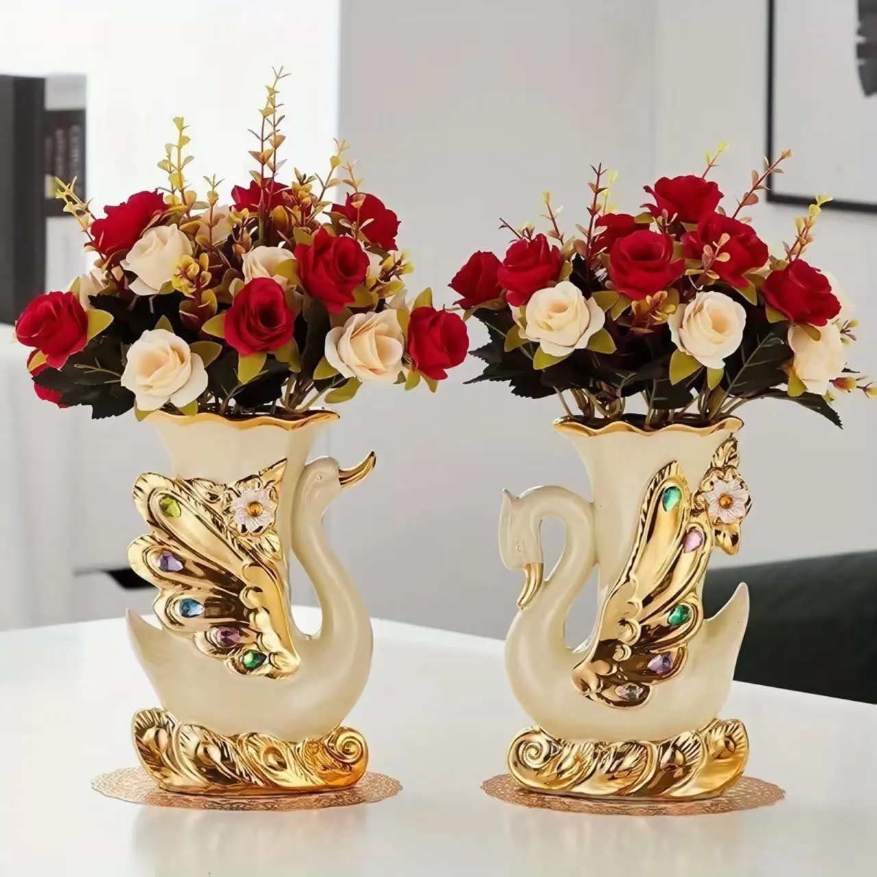 2Pcs Modern Swan Ceramic Vase, Elegant Decorative Flower Vase for Real & Fake Plants, Rose Petals and Faux Grass Arrangement, Home Decor for Living Room, Dining Table, Bedroom, Balcony, Christmas Decoration
