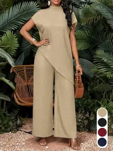 Summer Women's Suit Set, Wide Leg Pants Set, Casual Two-Piece Set, Stand Collar Sleeveless Top, Asymmetrical, High Waist, Business, Womenswear