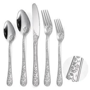 Floral Silverware Set 6 Silvery Flatware Stainless Steel with Delicate Engraved Rose Flower Embossed Design Complete 30 Piece Cutlery for Restaurant Utensils Home Kitchen Daily Use Tableware Blossom