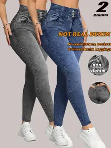 Women's Denim-Style Printed Slim Fit Long Pants, High-Waisted Butt-Lifting Breathable Yoga Bottoms, Yoga Leggings Pants, Comfy Stretchy Leggings, All Seasons Sporty Style