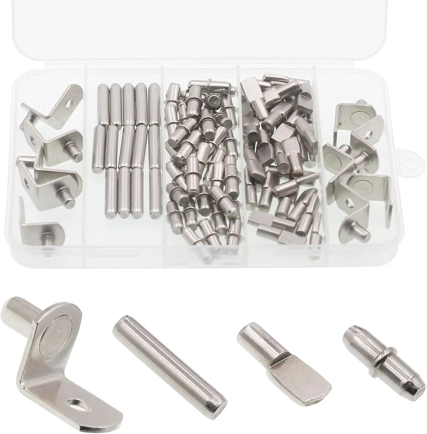 94-Piece 4-Style 5mm Nickel-Plated Shelf Support Pegs Kit, Cabinet Shelf Bracket Pins Holders for Bookcase, Kitchen Closet Furniture (Home Hardware Accessories)