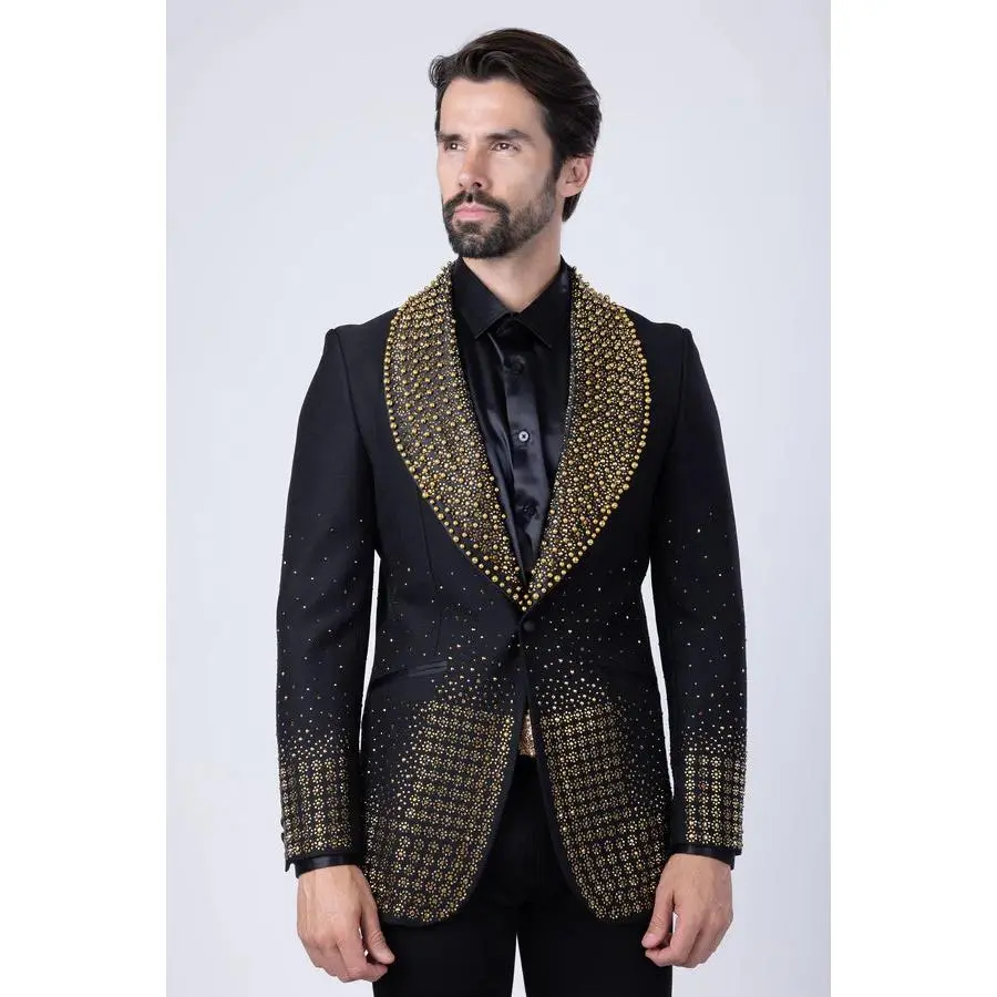 Men's Slim Fit Long Sleeve Blazer with Geometric Rhinestone Studs, a Shawl Lapel and Satin Lining for Formal Wear, Menswear, Pocket, Viscose, Classic, Casual, Fabrics, Pearls, Clothes, Multi-Size, 3Xl