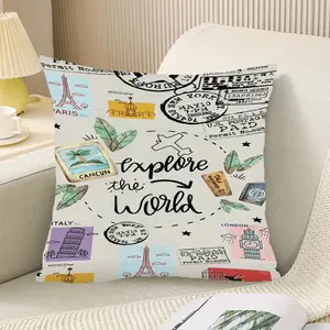 1 square pillowcase with a world exploration travel theme, featuring the Eiffel Tower, Big Ben, and the Statue of Liberty, with a zipper closure，suitable for bedroom, sofa, dormitory, and office decoration