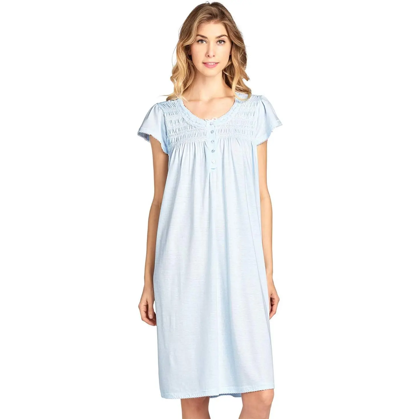 Casual Nights Women's Floral Embroidered Lace Printed Cotton Blend Duster Nightgown - Soft Light Lounger with Short Cap Sleeves, Flower Accent Night Gown for Women, Elegant, Knit, Button, Relaxed Fit, 3X, 4X, Duster Look, Lace Accents, Shirt, Lady