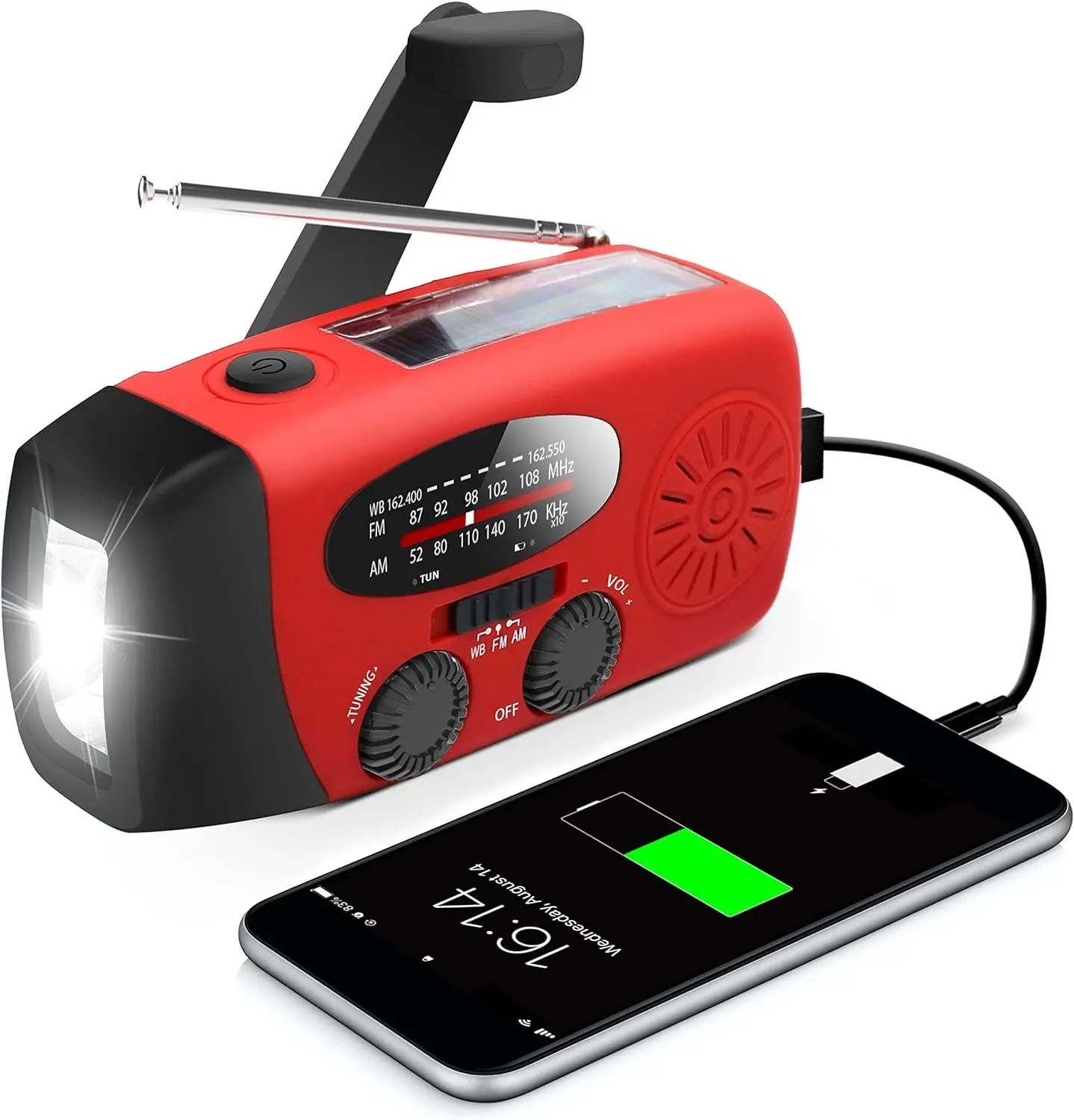 Hand Crank Radio Original - 2000mAh Solar Powered Radio, AM/FM/NOAA, LED Flashlight, USB Charging, Portable Survival Camping Equipment for Home Emergencies, Power Outages