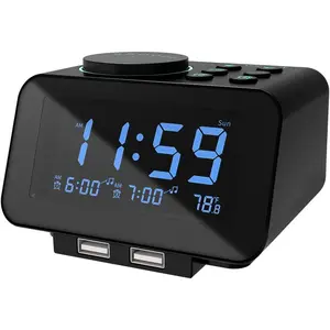 Digital Dual  Clock Radio - 0- Dimmer with Weekday/ Mode, 6 Sounds Adjustable Volume, FM Radio w/Sleep Timer, Snooze, 2 USB  Ports, Thermometer,  Backup