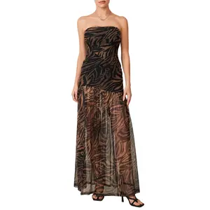 Women's Tube Top DressStrapless Backless Mesh Patchwork Tropical Leopard Print High Slit Long Dress for Party Club Night