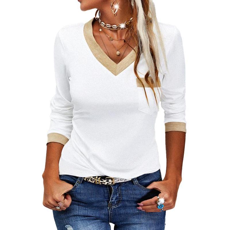 Danedvi Womens V Neck Long Sleeve Tops Color Block Basic Casual Tunic Shirts with Pockets, White, XX-Large Pleated Blouse Womenswear