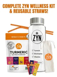 ZYN Turmeric Electrolyte Drink Mix, 8 Pack with The Go Beyond Hydration Bottle & The Refresh Straws Set, Complete ZYN Wellness Kit & Reusable Straws