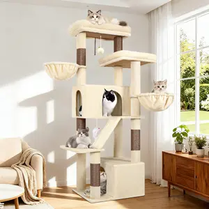 69" XXL Cat Tree Tower with 2 Large Condos, Dual Hanging Baskets & 2 Oversized Perches - Heavy Duty Multi-Level Play House for Big Cats