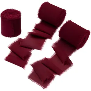 Burgundy Chiffon Ribbon for Flower Bouquet, 2" x21Yd Fabric Ribbon for Gift Wrapping, Handmade Frayed Ribbon for Wedding, Chiffon Silk Ribbon for Christmas Decorations