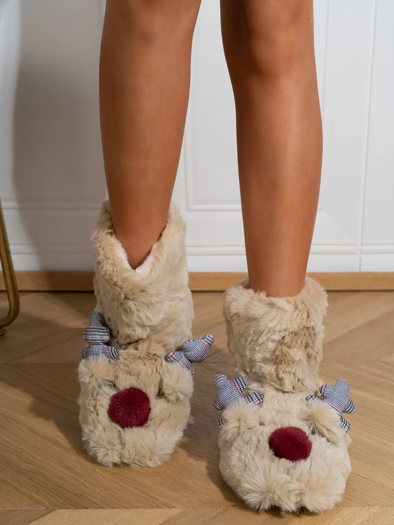 New Fall Winter Women's Cotton Boots, Christmas Reindeer Antlers Cute Plush Warm Shoes, Thickened Fleece Lining, Cozy and Stylish