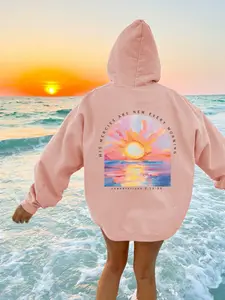 Women's Loose Casual Adjustable Drawstring Hoodie Sweatshirts with Pocket, Sunrise Beach Print, Comfortable Fashion for Fall & Winter, Easy to Pair Any