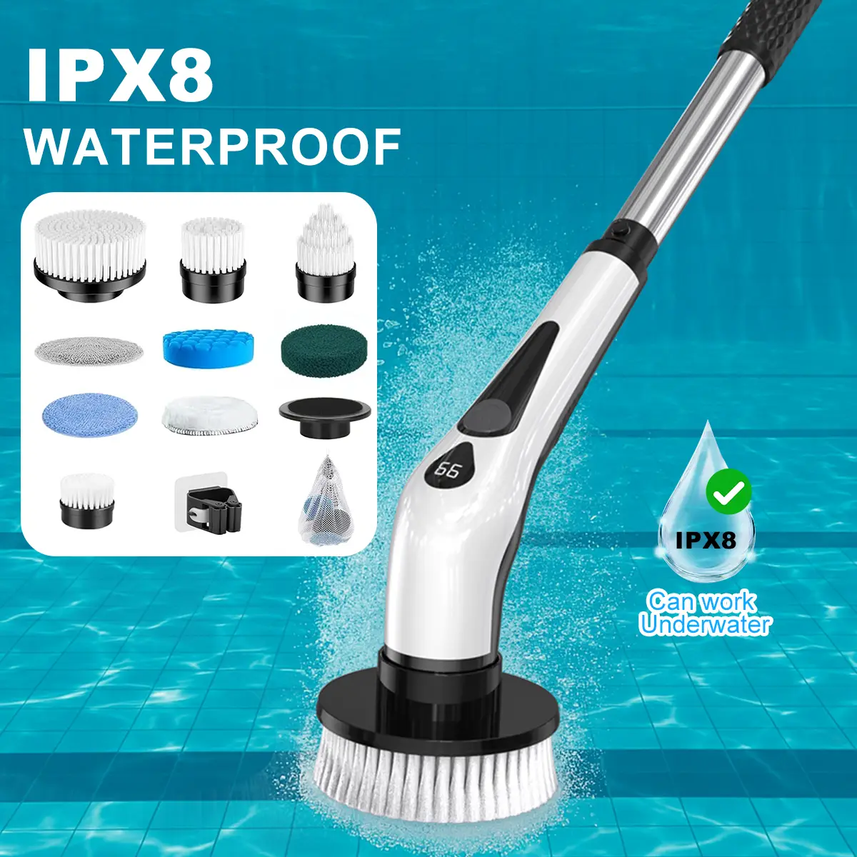PRASKY IPX8 Electric Spin Scrubber – Cordless Shower & Pool Cleaning Brush with 9 Replacement Heads, 4 Adjustable Handles for Bathroom, Kitchen, Tile,