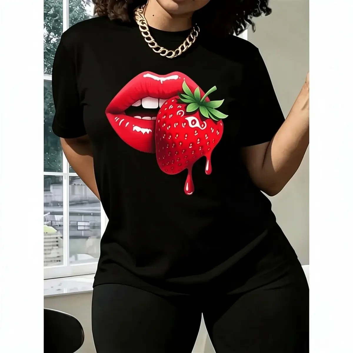 Women S Casual T Shirt Featuring Strawberry Lip Print Comfortable Fit Short Sleeve Machine Washable Ideal for Spring Summer and Fall Perfect Gift for Sisters