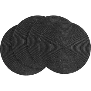 15 Inch Round Braided Placemats Set of 4, Washable Heat Resistant Cotton Polyester Circle Place Mats for Kitchen Dining Table - Black