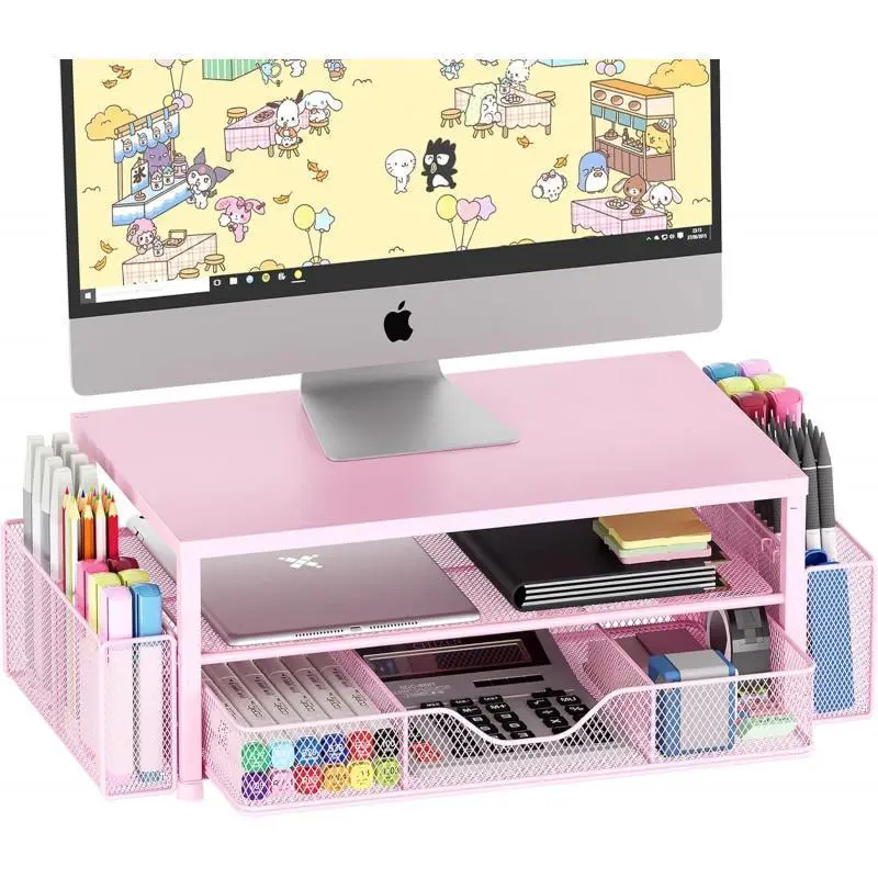 Desk Organizers and Accessories, 2-Tier Computer Monitor Stand Riser with Drawer and 2 Pen Holders, Laptop Stand, Office Desk Accessories & Office Decor for Women, Pink : Electronics