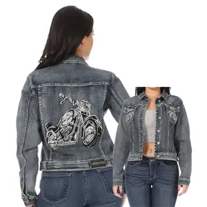 BIKE LIFE MOTO McBling Jean Jacket biker Stretch Denim Ladies Rock alternative 2000s Edgy Lightweight Embroidery Womenswear Long Sleeve Button Pockets