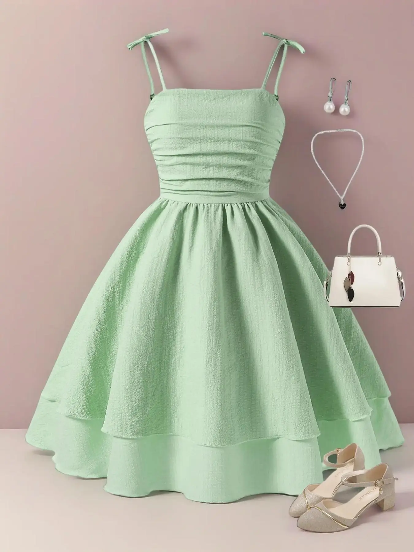 Girls' Cute Sweet Elegant Multi-Layer Hem Spaghetti Strap Dress, Summer Woven Fabric, Fitted Style, Perfect for Daily Wear & Parties