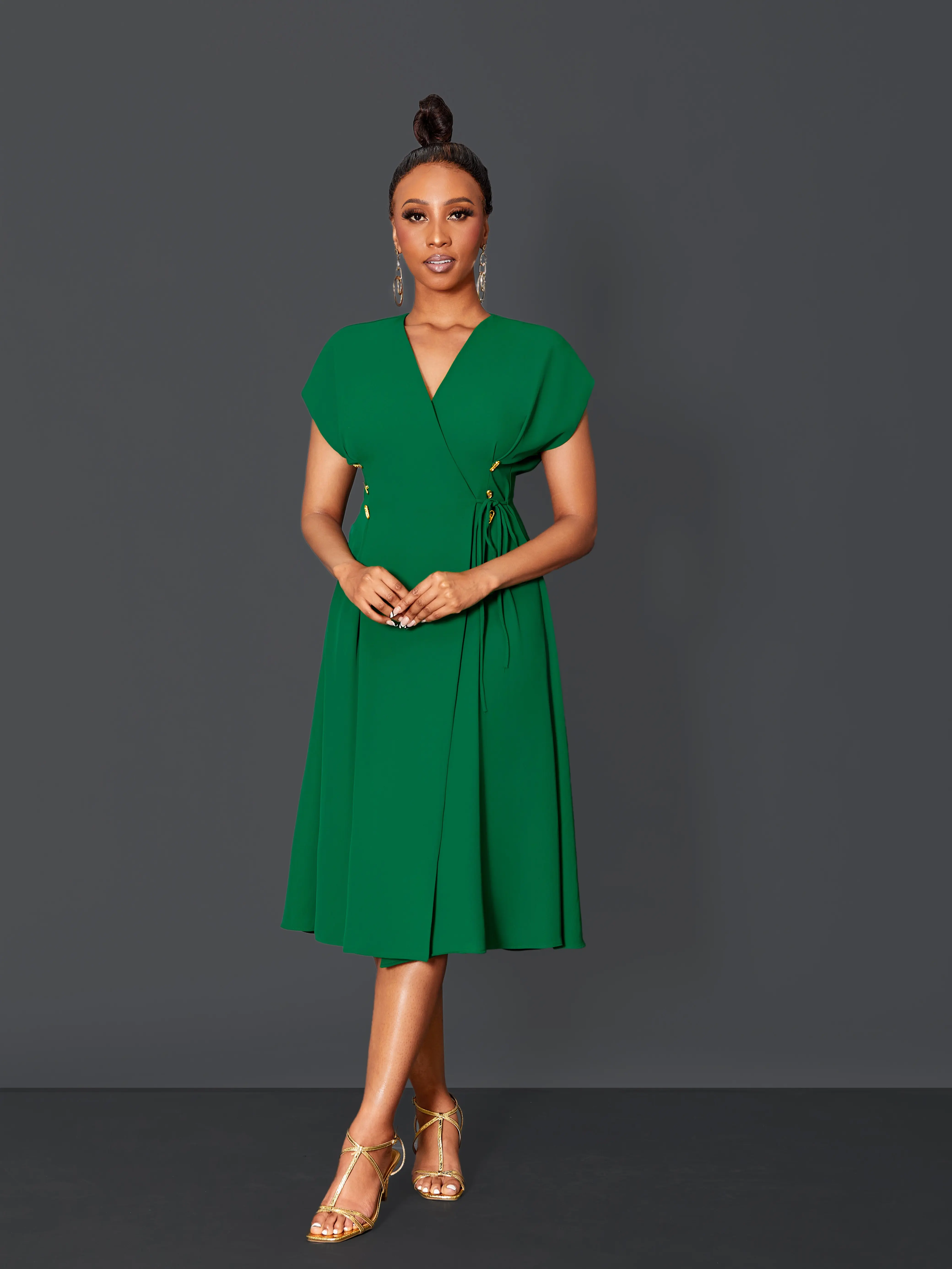 Lady's Chic Polyester Midi Dress Set with Wallet Wrap - Green, Machine Washable, Stylish Outfits, Silk